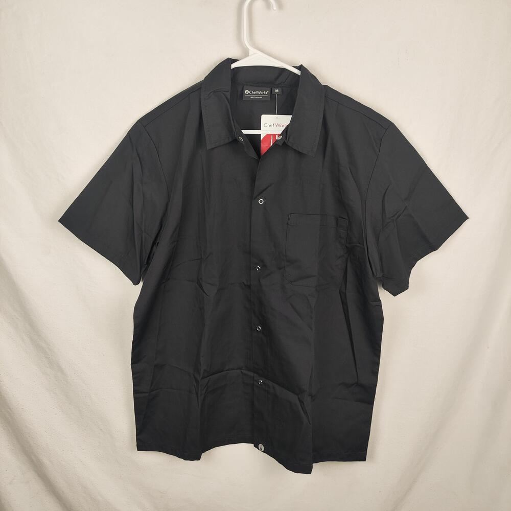 Chef Works Shirt Mens Medium Black Short Sleeve Snap Button Kitchen Uniform